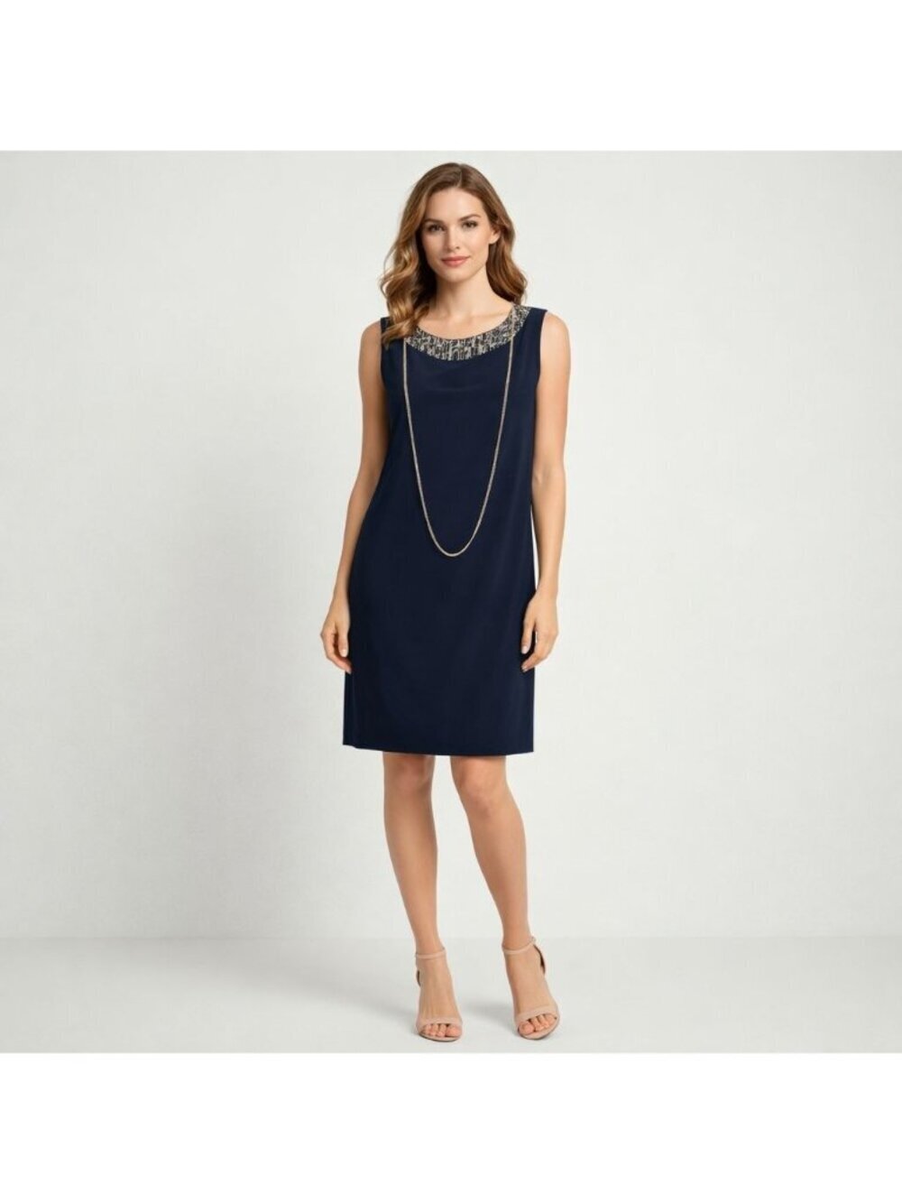 R&M Richards Sleeveless Dress W Metallic Embelishment Neckline Navy Blue Size 10